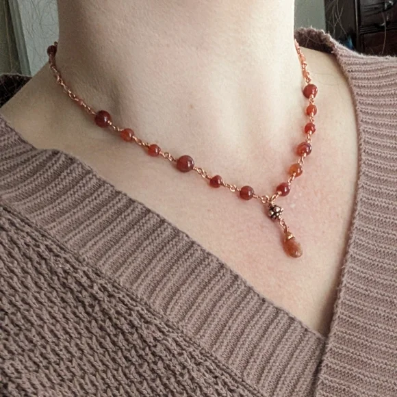 Elegant Carnelian Agate Necklace Artisan Crafted Copper Chain - Picture 4 of 15